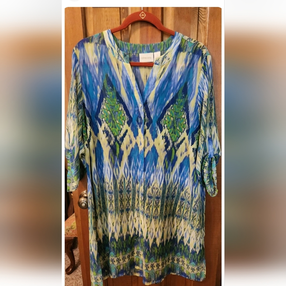 Chico's Sheer Ikat Breeze Duster Roll-tab Sleeve sz L/XL.  NWOT